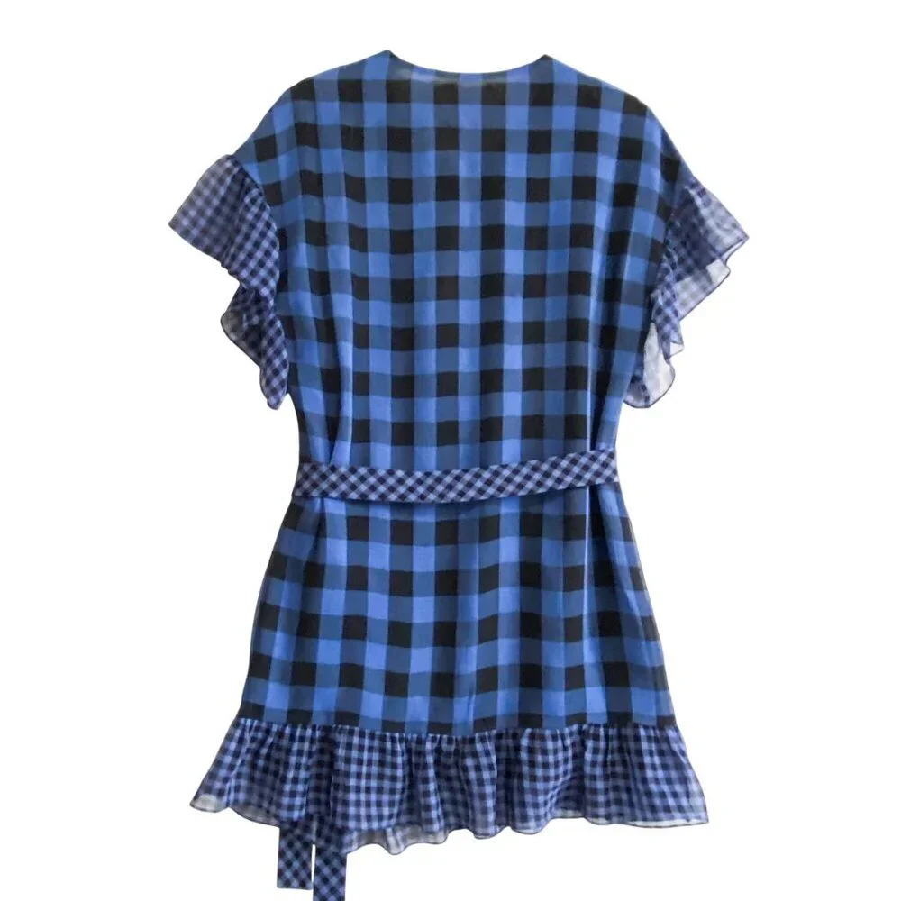 Tularosa Jenny Blue and Black Buffalo/gingham Plaid Wrap Mini Dress, Size M